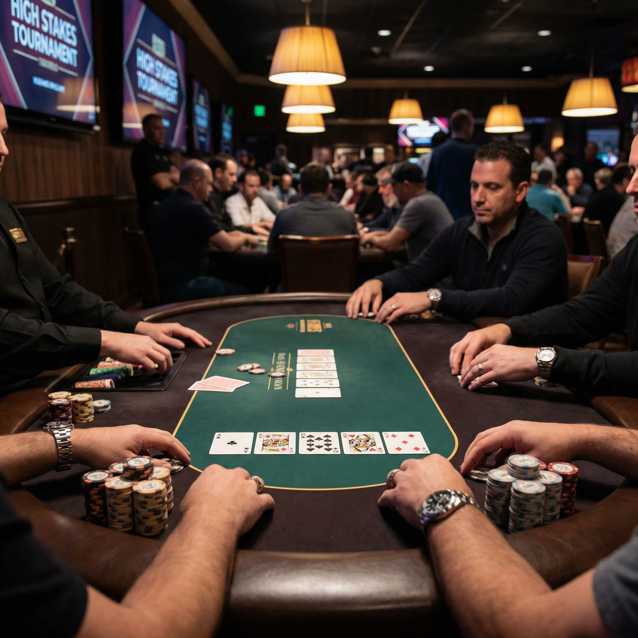 德州扑克比赛现场，玩家围坐在绿色牌桌旁