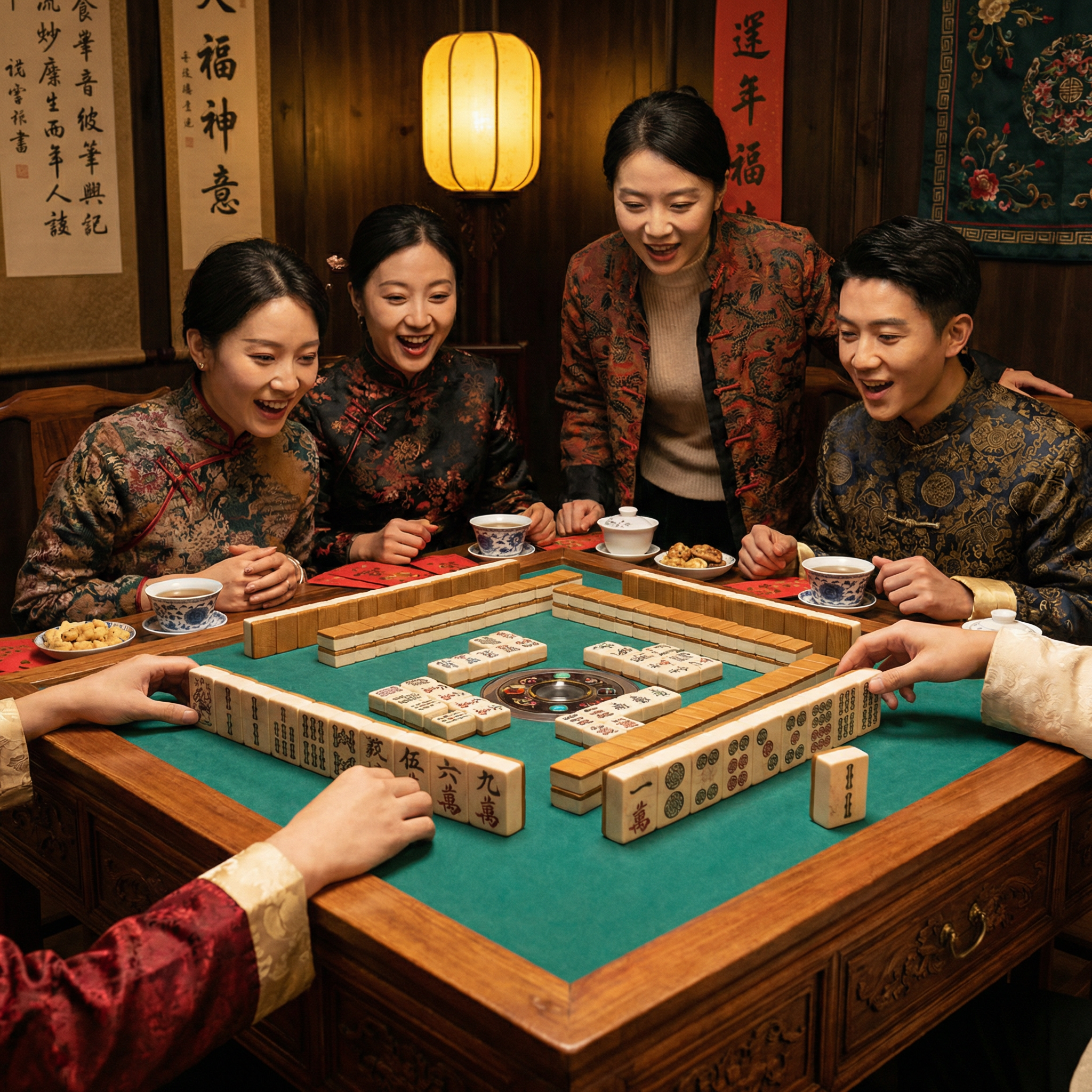 麻将胡了游戏场景，四位玩家围坐打麻将